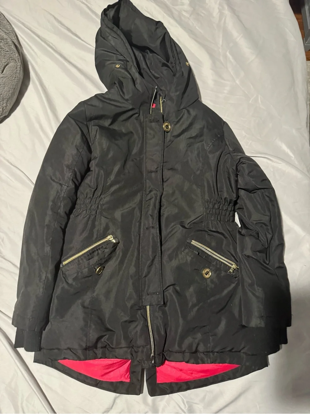 Kids Black Hooded Puffer Coat with Pink Lining